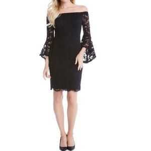 Karen Kane black lace Samantha dress, off shoulder, 3/4 bell sleeves XS